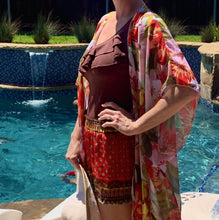 Load image into Gallery viewer, Kimono: resort floral swim wrap (pink or red) cover up / caftan / lounge beach or bath / best seller 2021 gift present vacation birthday
