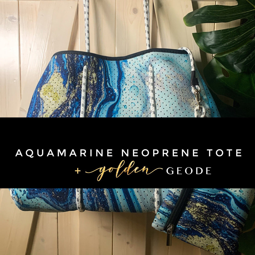 Aquamarine Geode Neoprene Tote bag blue navy turquoise white gold with baseboard pocket and zip pouch