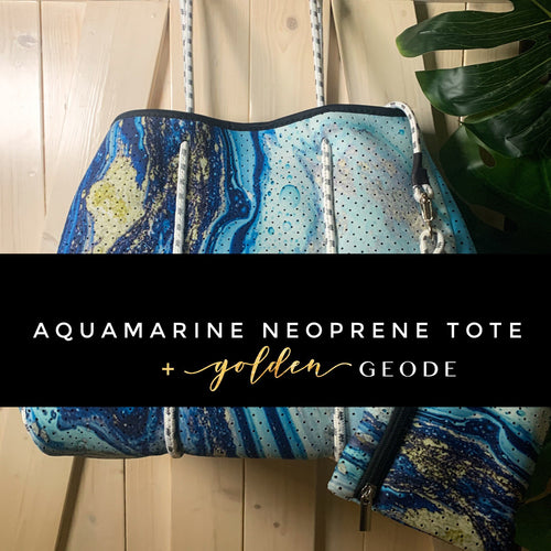 Aquamarine Neoprene Tote - turquoise & gold geode swirl bag + baseboard pocket and pouch