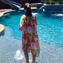 Load image into Gallery viewer, Kimono: resort floral swim wrap (pink or red) cover up / caftan / lounge beach or bath / best seller 2021 gift present vacation birthday
