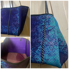 Load image into Gallery viewer, Neoprene TOTE - Amethyst Lagoon: violet purple blue bag +weathered aqua turquoise teal Beach Pool Lake Travel catch-all waterproof washable
