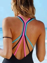 Load image into Gallery viewer, Fan Flair Black One-piece Swimsuit w pink and turquoise webbed fan back - S M L &amp; XL
