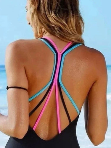 Fan Flair Black One-piece Swimsuit w pink and turquoise webbed fan back - S M L & XL