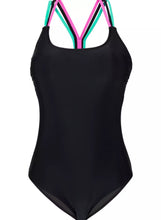 Load image into Gallery viewer, Fan Flair Black One-piece Swimsuit w pink and turquoise webbed fan back - S M L &amp; XL
