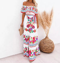 Load image into Gallery viewer, S - 2XL maxi Bamba Black / Boho Blanco resort cruise quince dress twist on campesino tradition + smooth floral or ombré prints &gt; photography
