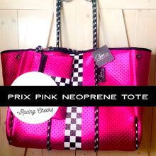 Load image into Gallery viewer, nwt Neoprene Racer Tote Prix Hot Pink light waterproof purse metallic magenta bag black &amp; white racing checks checkered
