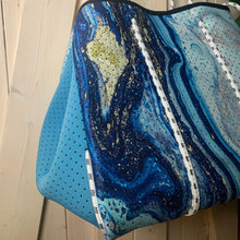 Load image into Gallery viewer, Aquamarine Geode Neoprene Tote bag blue navy turquoise white gold with baseboard pocket and zip pouch
