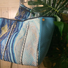 Load image into Gallery viewer, Aquamarine Neoprene Tote - turquoise &amp; gold geode swirl bag + baseboard pocket and pouch
