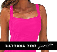 Load image into Gallery viewer, m - xxl: USS Navy blue or Daytona Pink SWIM - one-piece modest swimsuit w ruched tummy / waist forgiving &gt; vacation holiday beach pool lake
