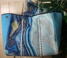 Load image into Gallery viewer, Aquamarine Geode Neoprene Tote bag blue navy turquoise white gold with baseboard pocket and zip pouch
