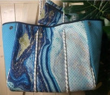 Load image into Gallery viewer, Aquamarine Neoprene Tote - turquoise &amp; gold geode swirl bag + baseboard pocket and pouch
