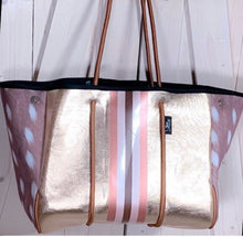 Load image into Gallery viewer, NWT © Amber Embers neoprene TOTE smooth honey blushed metallic bronze w/ auburn fawn deer sides + rouged amber lit &amp; chocolate racing stripe
