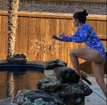 Load image into Gallery viewer, Blue Jazz Swim one-piece rashguard surfsuit swimsuit lined white royal blue turquoise paisley modest full coverage women longsleeve
