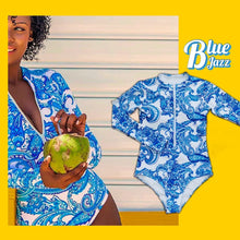 Load image into Gallery viewer, Blue Jazz Swim one-piece rashguard surfsuit swimsuit lined white royal blue turquoise paisley modest full coverage women longsleeve
