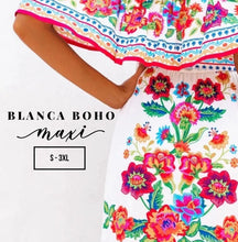 Load image into Gallery viewer, S - 2XL maxi Bamba Black / Boho Blanco resort cruise quince dress twist on campesino tradition + smooth floral or ombré prints &gt; photography
