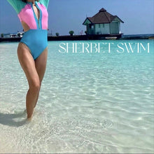 Load image into Gallery viewer, Sherbet Swim variations: shortsleeve springsuit / longsleeve rashguard / halter sleeveless swimsuit bright pastel pink blue aqua colorblock
