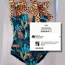 Load image into Gallery viewer, new Leopardess Swim Set one-piece swimsuit black teal leopard w polka shoulder ties + cover-up choice: resort-wrap / skirt / shorts
