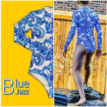 Load image into Gallery viewer, Blue Jazz Swim one-piece rashguard surfsuit swimsuit lined white royal blue turquoise paisley modest full coverage women longsleeve
