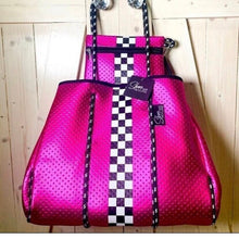 Load image into Gallery viewer, nwt Neoprene Racer Tote Prix Hot Pink light waterproof purse metallic magenta bag black &amp; white racing checks checkered
