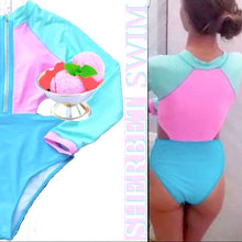 Load image into Gallery viewer, Sherbet Swim: 2 variations longsleeve rashguard or halter one-piece sleeveless swimsuit - both bright pastel pink blue aqua colorblock XS-XL
