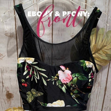 Load image into Gallery viewer, XS-XXL Ebony &amp; Peony lace-up swimsuit - black one-piece + pink floral peonies berries Spring 2022 pool lake beach resort vacation travel
