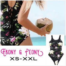 Load image into Gallery viewer, XS-XXL Ebony &amp; Peony lace-up swimsuit - black one-piece + pink floral peonies berries Spring 2022 pool lake beach resort vacation travel
