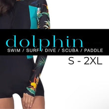 Load image into Gallery viewer, s-xxl DOLPHIN Swim - unhindered surfsuit / swimsuit UPF black springsuit / wetsuit + teal / turquoise palms longsleeve
