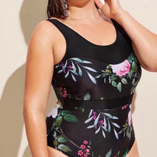 Load image into Gallery viewer, XS-XXL Ebony &amp; Peony lace-up swimsuit - black one-piece + pink floral peonies berries Spring 2022 pool lake beach resort vacation travel
