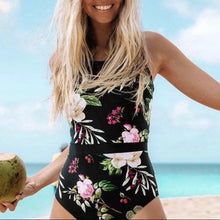 Load image into Gallery viewer, XS-XXL Ebony &amp; Peony lace-up swimsuit - black one-piece + pink floral peonies berries Spring 2022 pool lake beach resort vacation travel
