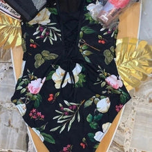 Load image into Gallery viewer, XS-XXL Ebony &amp; Peony lace-up swimsuit - black one-piece + pink floral peonies berries Spring 2022 pool lake beach resort vacation travel
