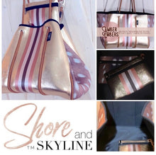 Load image into Gallery viewer, NWT © Amber Embers smooth blushed bronze lit metallic neoprene TOTE w auburn fawn snap sides + rouged amber &amp; chocolate brown racing stripes
