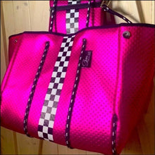 Load image into Gallery viewer, nwt Neoprene Racer Tote Prix Hot Pink light waterproof purse metallic magenta bag black &amp; white racing checks checkered
