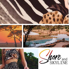 Load image into Gallery viewer, resort wrap / cover-up SERENGETI Zebra - Cheetah hybrid: midi dress / maxi skirt black white brown cream beach pool lake spa hot tub resort
