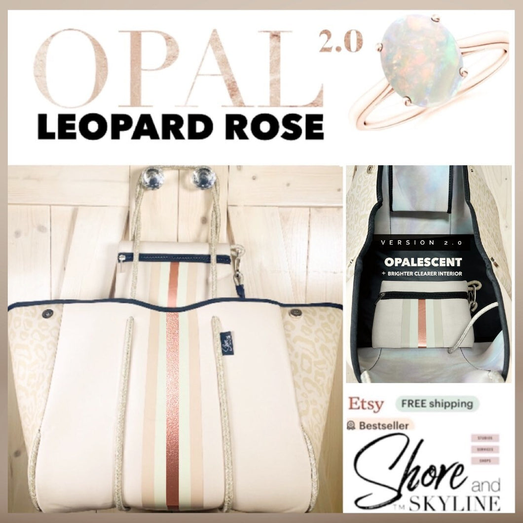 NEOPRENE Tote © Opal Leopard Rose 2.0 waterproof cream bag + metallic rose gold racing stripes > bridal baby shower birthday graduation gift