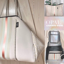 Load image into Gallery viewer, Neoprene Tote © OPAL LEOPARD ROSE smooth cream waterproof bag + metallic rose gold racing stripes Best Seller wipeable light birthday shower
