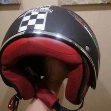 Load image into Gallery viewer, NWT Helmet - His &amp; Her M-XL Prix Black Racer / Aqua Blossom / Vintage Red Camel - DOT certified motorcycle Vespa riding helmets + visor
