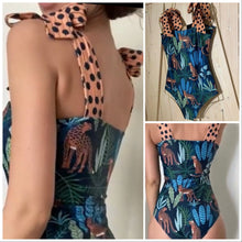 Load image into Gallery viewer, new Leopardess Swim Set one-piece swimsuit black teal leopard w polka shoulder ties + cover-up choice: resort-wrap / skirt / shorts
