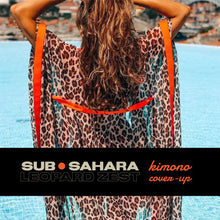 Load image into Gallery viewer, new subSahara Leopard Zest kimono / lounge wrap / beach cover-up beige khaki orange animal print
