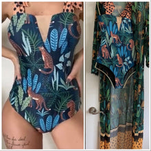 Load image into Gallery viewer, new Leopardess Swim Set one-piece swimsuit black teal leopard w polka shoulder ties + cover-up choice: resort-wrap / skirt / shorts
