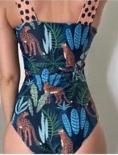 Load image into Gallery viewer, new Leopardess Swim Set one-piece swimsuit black teal leopard w polka shoulder ties + cover-up choice: resort-wrap / skirt / shorts
