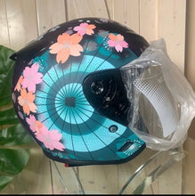 Load image into Gallery viewer, NWT Helmet - His &amp; Her M-XL Prix Black Racer / Aqua Blossom / Vintage Red Camel - DOT certified motorcycle Vespa riding helmets + visor
