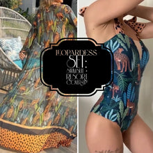 Load image into Gallery viewer, new Leopardess Swim Set one-piece swimsuit black teal leopard w polka shoulder ties + cover-up choice: resort-wrap / skirt / shorts
