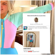 Load image into Gallery viewer, Sherbet Swim: 2 variations longsleeve rashguard or halter one-piece sleeveless swimsuit - both bright pastel pink blue aqua colorblock XS-XL
