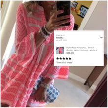Load image into Gallery viewer, Boho Pop mini tunic beach dress cruise cover-up top white + sea-green or bubble hot pink print S L 2XL women’s ladies 2023 Summer
