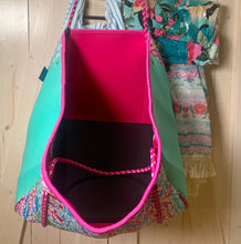 Load image into Gallery viewer, new Pink Coral Reef Neoprene Tote waterproof bag hot pink paracords &amp; interior + aqua turquoise sides w baseboard rain snow shore 2023
