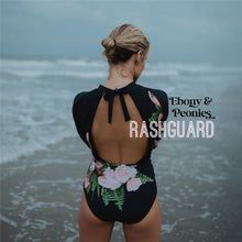 Load image into Gallery viewer, XS-XXL Ebony &amp; Peony lace-up swimsuit - black one-piece + pink floral peonies berries Spring 2022 pool lake beach resort vacation travel
