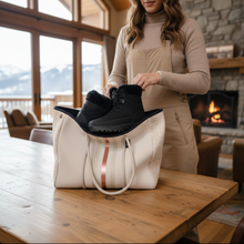 Load image into Gallery viewer, Opal Leopard Neoprene Tote Bag + mint &amp; metallic rose-gold racer stripe waterproof for rain, snow, boat, beach of sippy cup uh ohs
