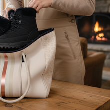 Load image into Gallery viewer, Opal Leopard Neoprene Tote Bag + mint &amp; metallic rose-gold racer stripe waterproof for rain, snow, boat, beach of sippy cup uh ohs
