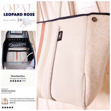 Load image into Gallery viewer, Neoprene Tote © OPAL LEOPARD ROSE smooth cream waterproof bag + metallic rose gold racing stripes Best Seller wipeable light birthday shower
