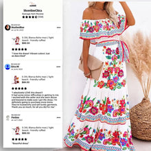 Load image into Gallery viewer, S - 2XL maxi Bamba Black / Boho Blanco resort cruise quince dress twist on campesino tradition + smooth floral or ombré prints &gt; photography
